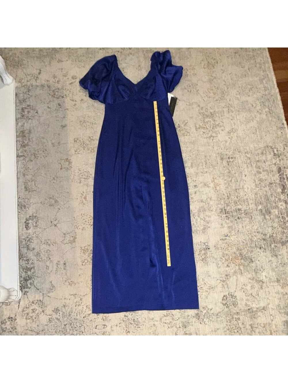 Aidan Mattox Blue Satin V-Neck Puff Sleeve Lined Maxi Dress Sz 8 A365